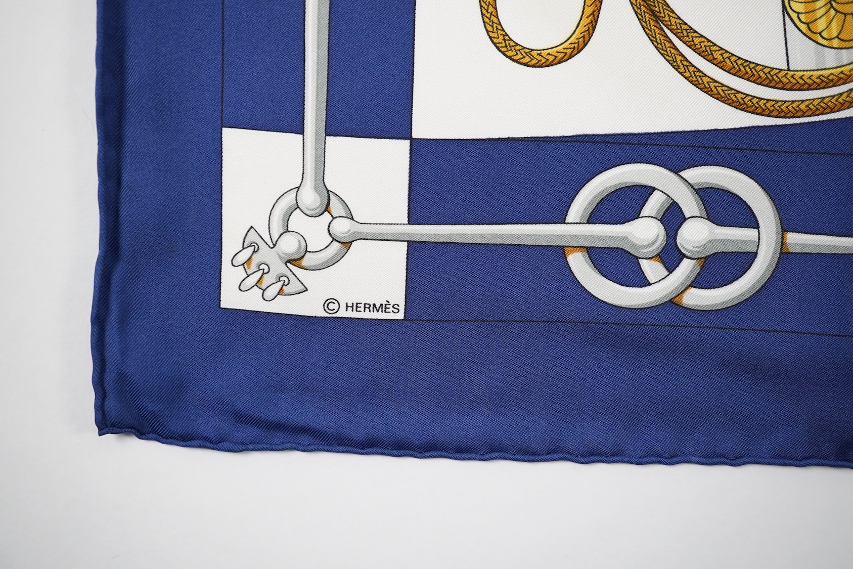 A Hermes navy Cliquetis silk scarf by Julia Abadie with box and Christmas outer box. 90 x 90cm